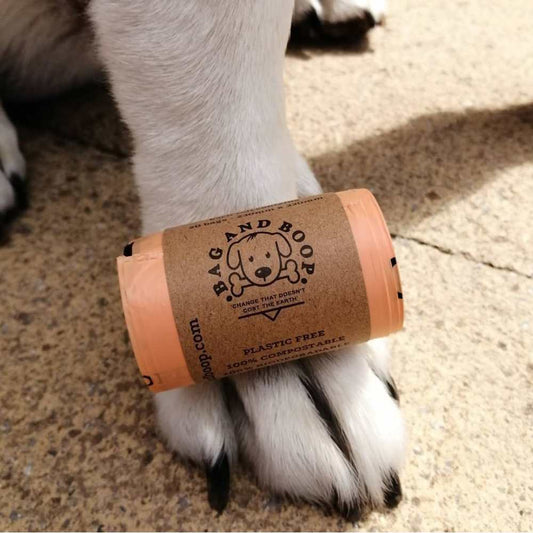 Compostable plastic-free dog poop bags on dog paw.