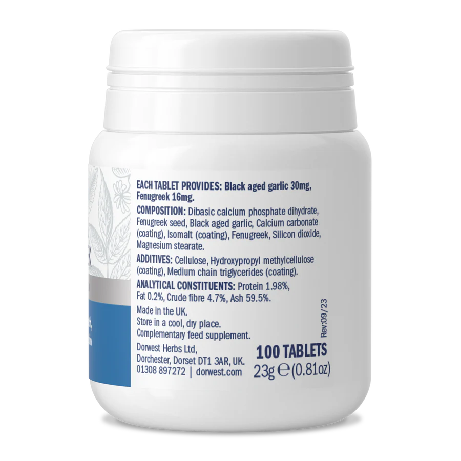 Ingredients list in Dorwest garlic & fenugreek tablets.