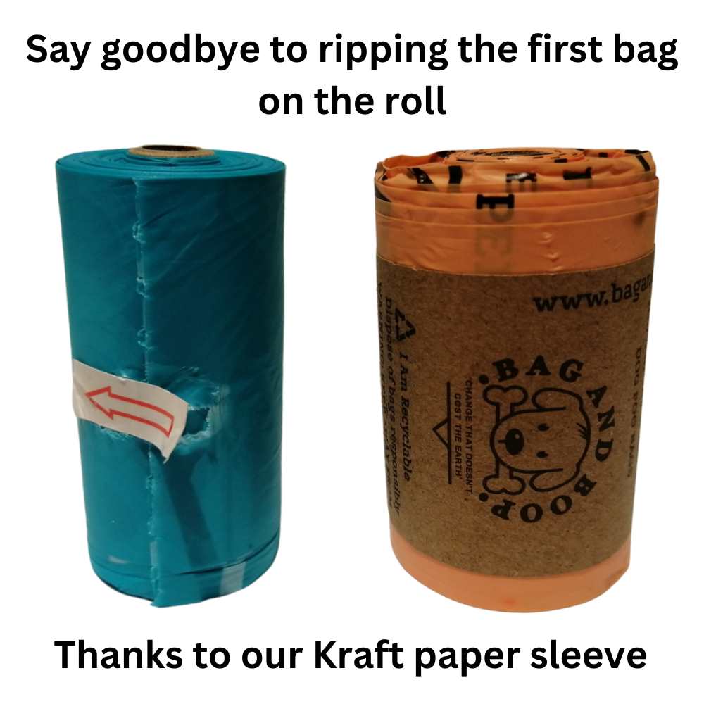 Infographic showing the benefit of the compostable plastic-free dog poop bags kraft paper sleeve.