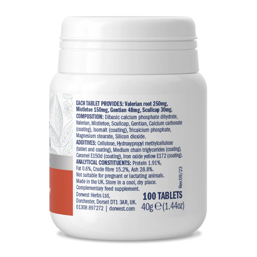 Side view of Dorwest Scullcap & Valerian Tablets showing ingredients list.