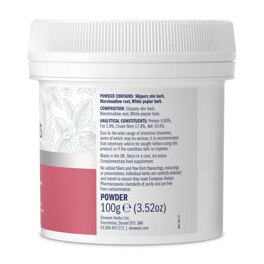 Side view of Dorwest Herbs Tree Barks Powder 100g showing ingredients list.