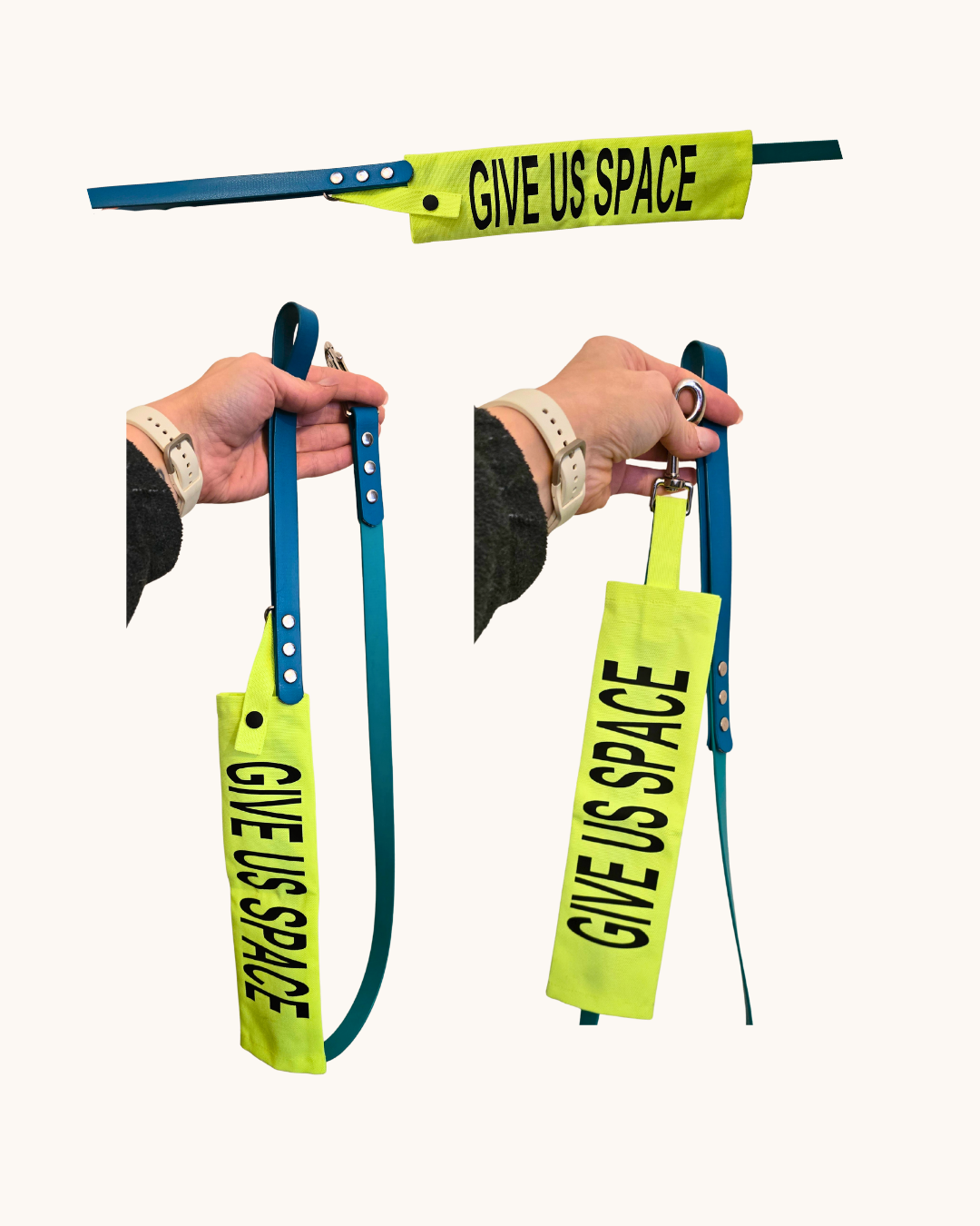 Three images of hands holding a blue leash with a neon dog lead sleeve stating 'give us space', on a white background.