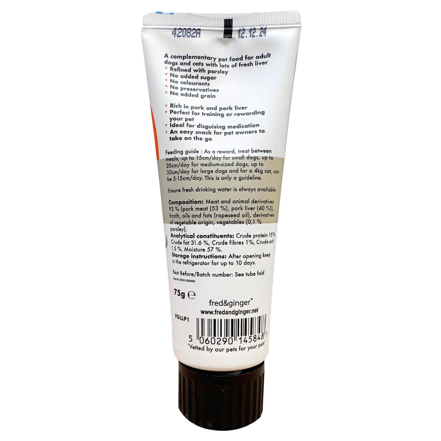 Back label of a pet food tube with text on a white background