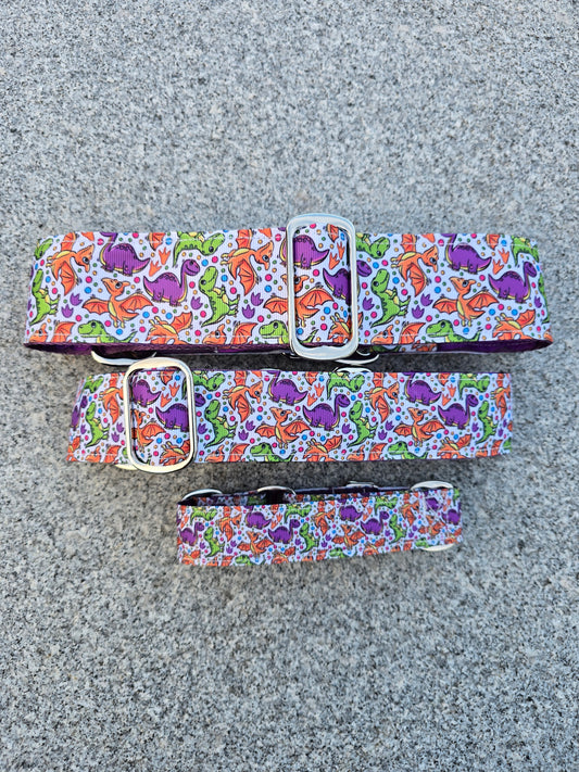 3 sizes of the dinosaur martingale dog collar.