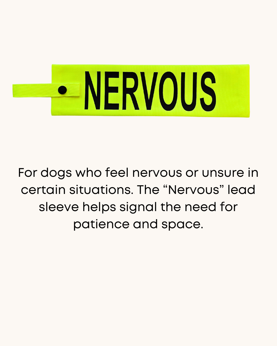 Neon yellow dog lead sleeve with a 'nervous' label.