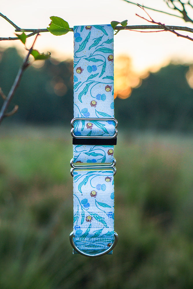 Bee print martingale dog collar hanging on tree branch.