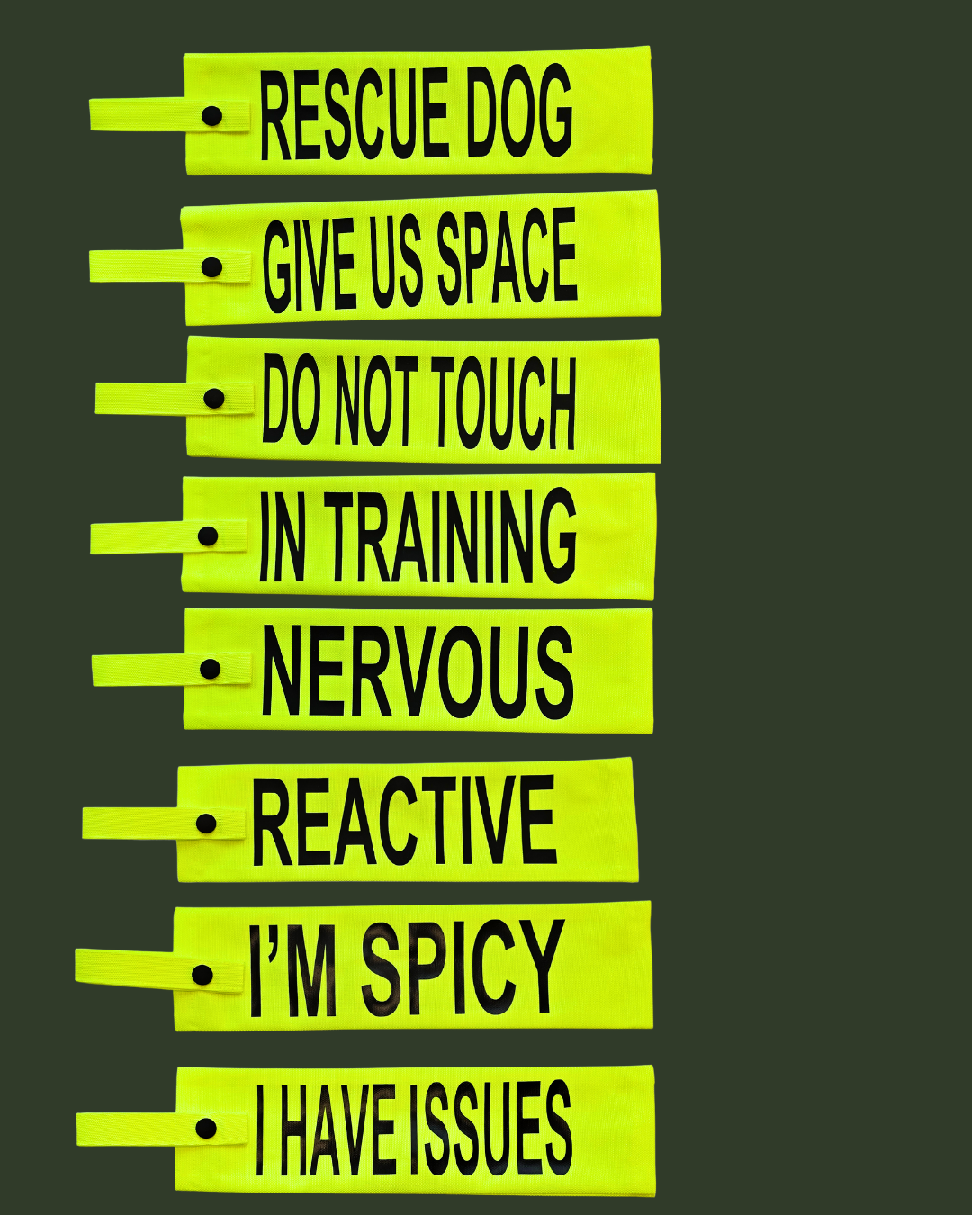 Set of neon green dog tags with black text on a dark background