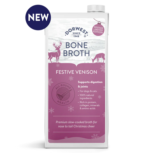 Packaging of Dorwest Bone Broth Festive Venison for dogs and cats on a white background