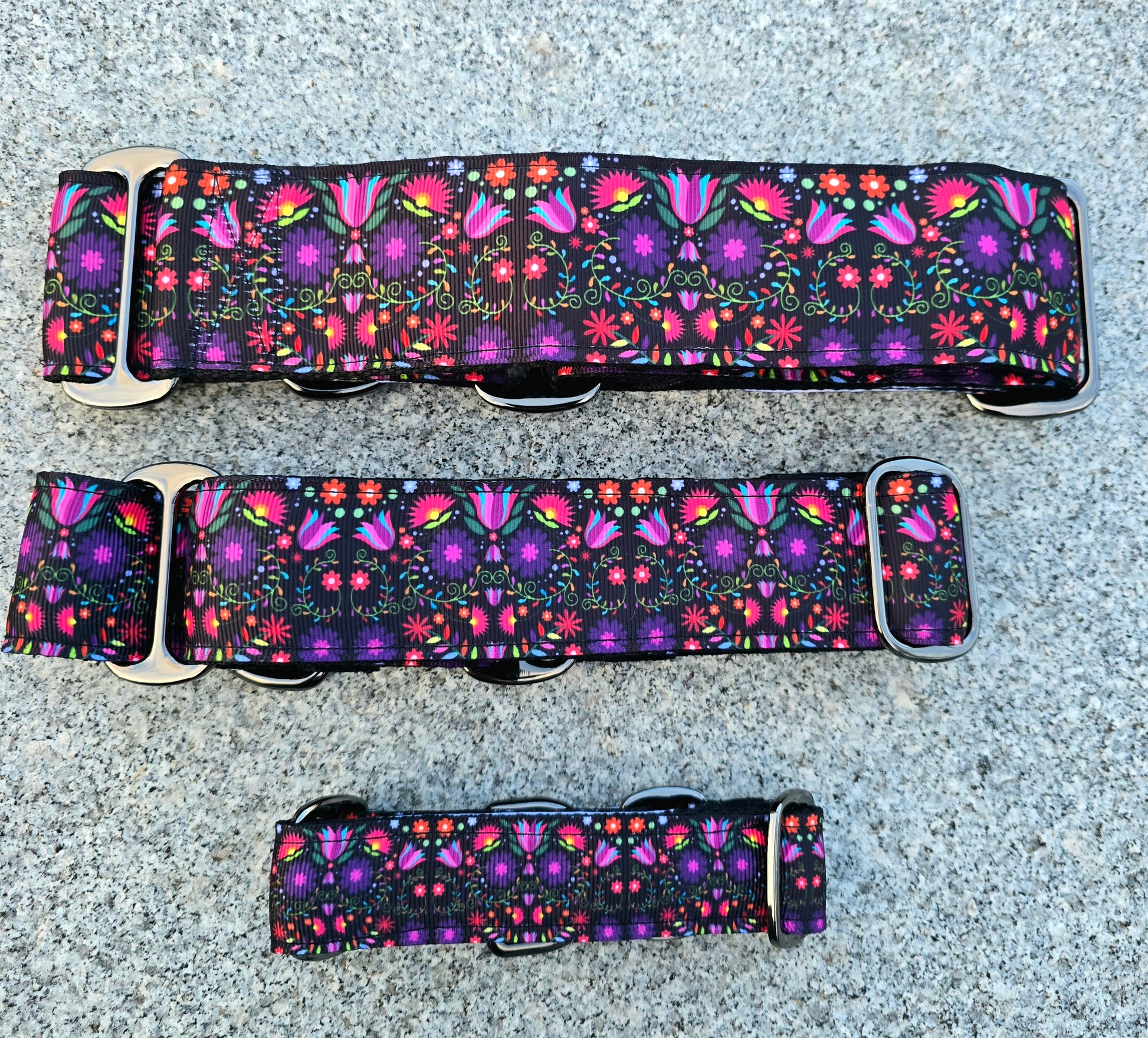 3 different size flower print martingale dog collars.