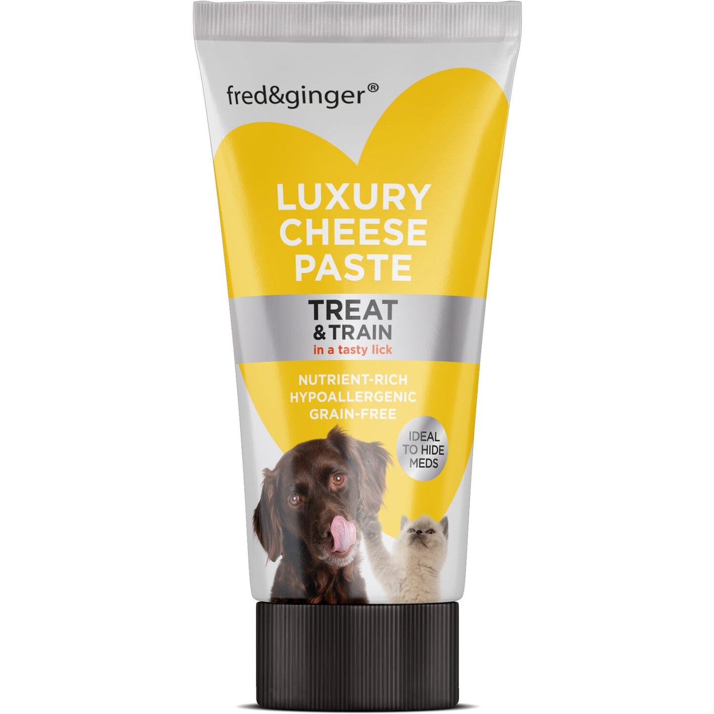 Tube of fred&ginger Luxury Cheese Paste for pets on a white background