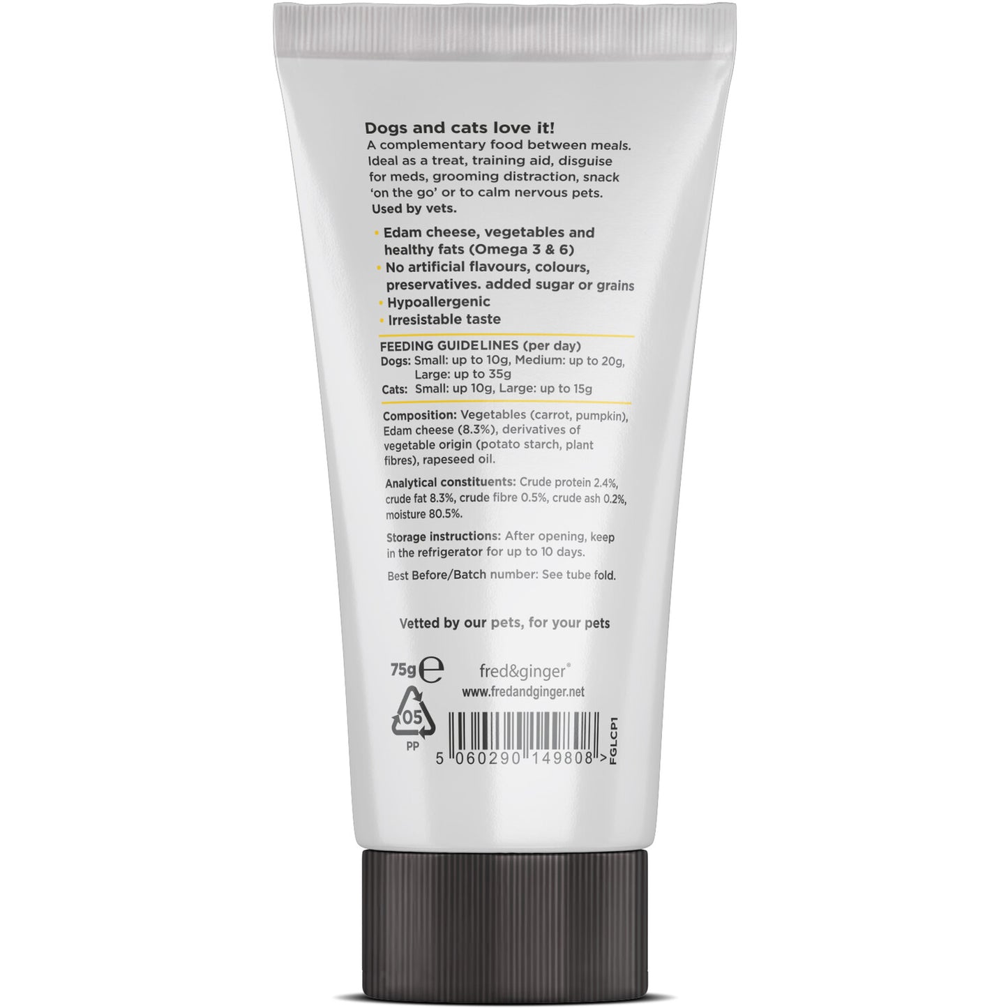Tube of pet product with text on a white background