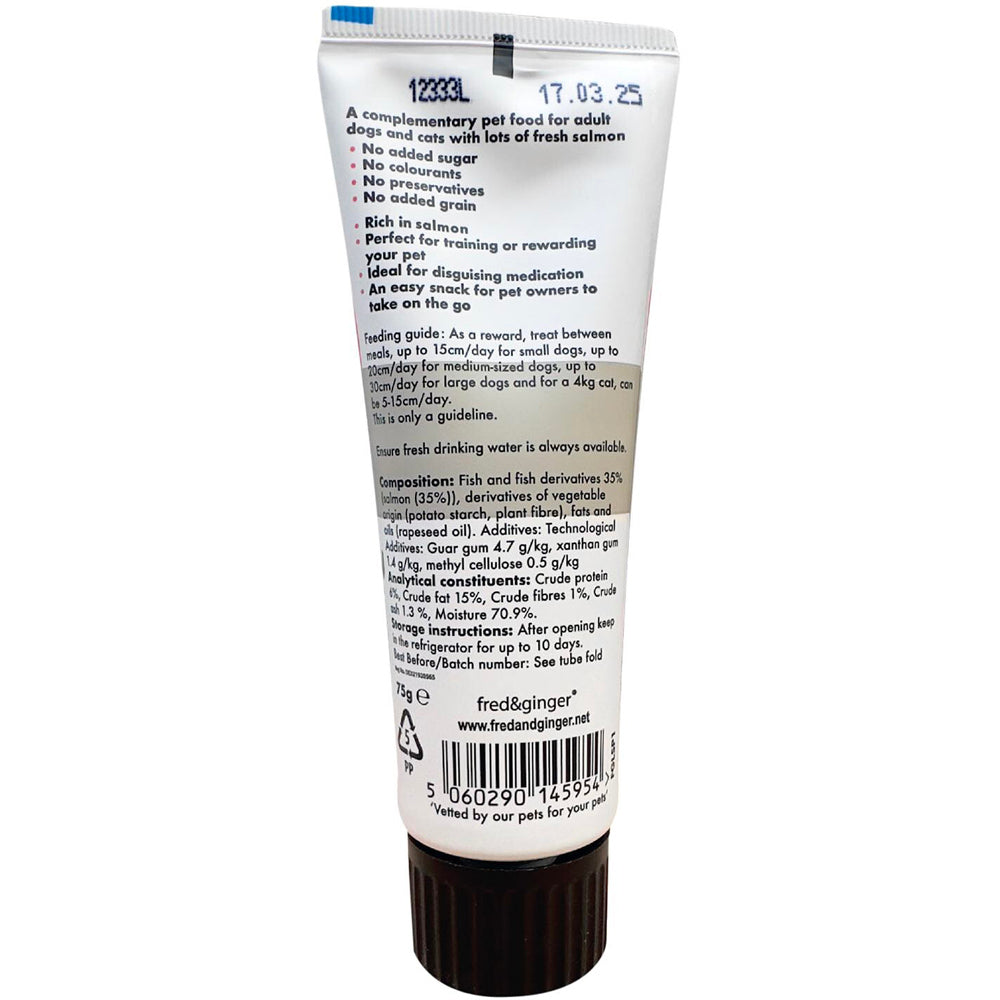 Tube of pet food with label on a white background