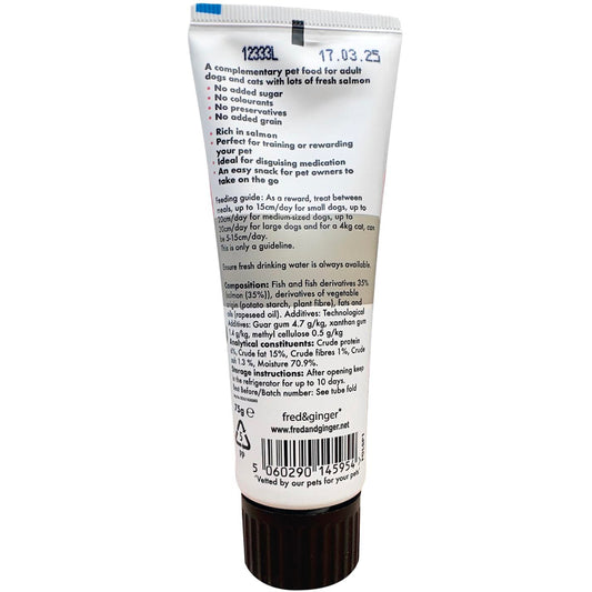 Tube of pet food with label on a white background